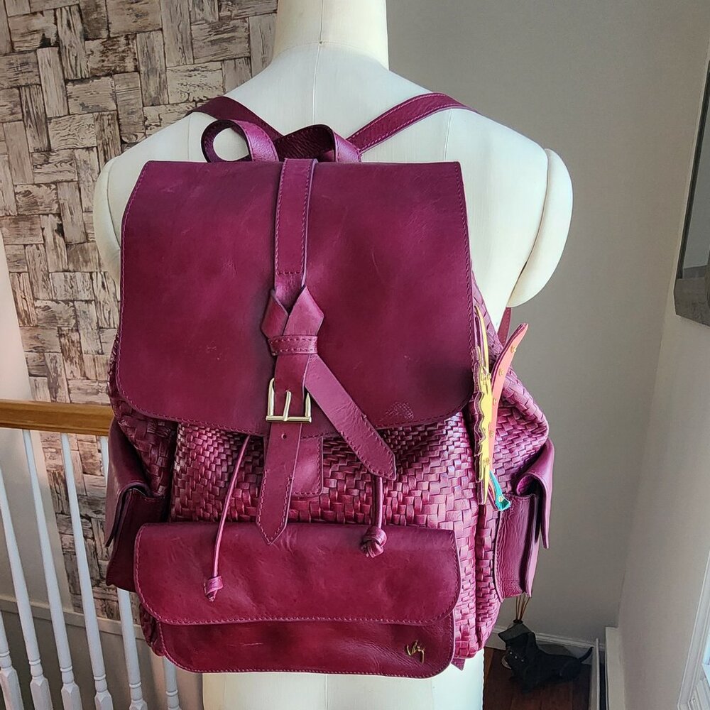 Woven Leather Backpack in Burgundy